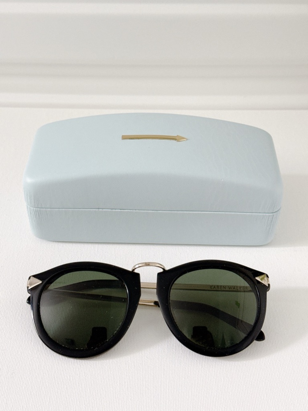 Karen Walker Black Round Sunglasses with Green Lenses and Gold Bridge